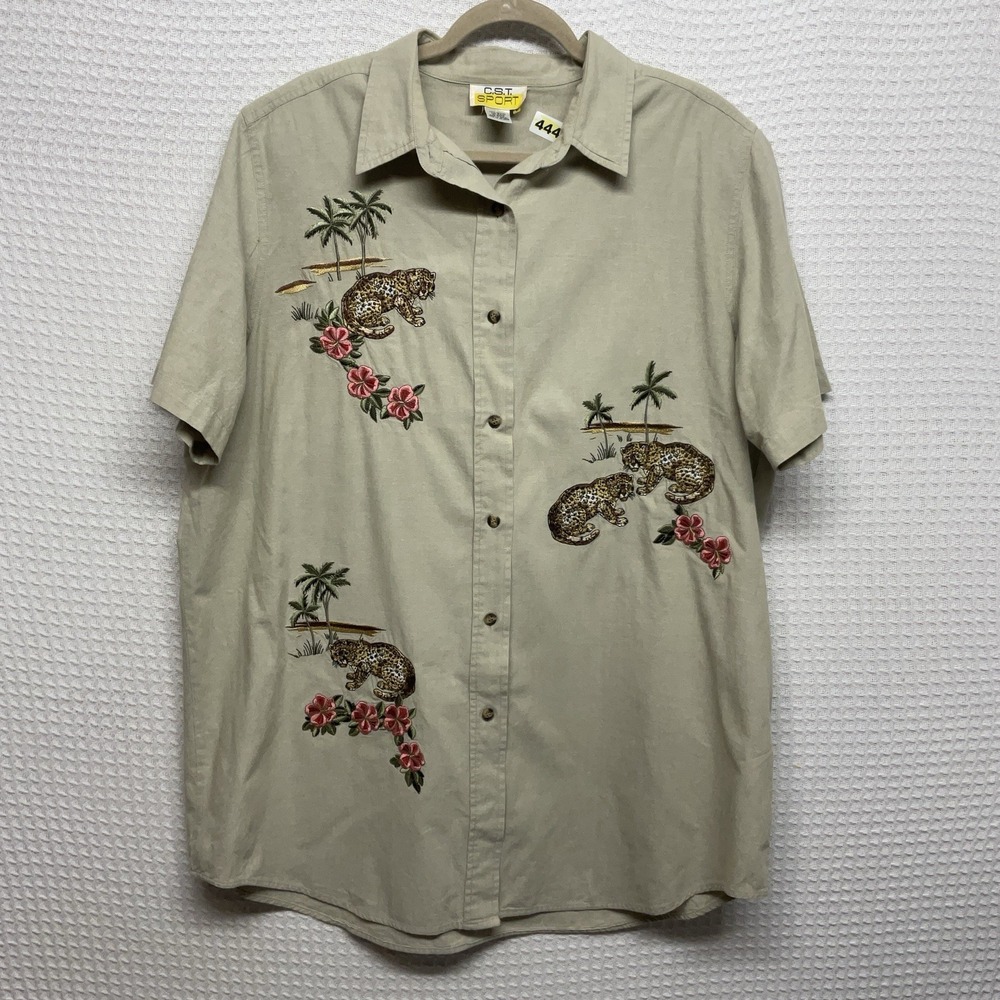 Vintage C.S.T. Sport Button Up Shirt Top Women's 20W Beige Animal Embroidered